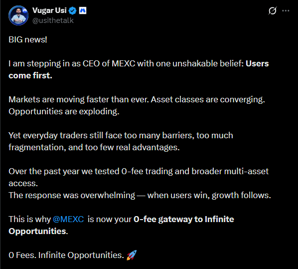 MEXC has announced that Vugar Usi will be its new CEO, signaling a move toward a more unified, multi-asset approach. Usi will take on the role on April 8, 2026, which coincides with MEXC’s 8th anniversary. This change reflects the company’s shift from rapid growth to a focus on mature global leadership, following a 90.9%
The post <a href="https://coingape.com/block-of-fame/pulse/mexc-appoints-vugar-usi-as-ceo-to-lead-multi-asset-expansion/">MEXC Appoints Vugar Usi as CEO to Lead Multi-Asset Expansion</a> appeared first on <a href="https://coingape.com/">CoinGape</a>.