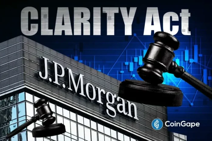 JPMorgan remains hopeful on the CLARITY Act approval this year. Officials from the organization noted that the crypto bill is close to a breakthrough as only “2-3” key issues remain. Ad Ad JPMorgan Expects CLARITY Act Approval Soon In a recent report, JPMorgan analysts noted that the majority of issues surrounding the CLARITY Act have
The post <a href="https://coingape.com/jpmorgan-hopeful-on-clarity-act-2026-approval-but-flags-major-political-risks/">JPMorgan Hopeful On CLARITY Act 2026 Approval But Flags Major Political Risks</a> appeared first on <a href="https://coingape.com/">CoinGape</a>.